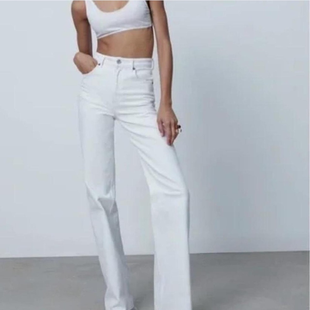 Zara Wide Leg Full Length High Rise White Jeans